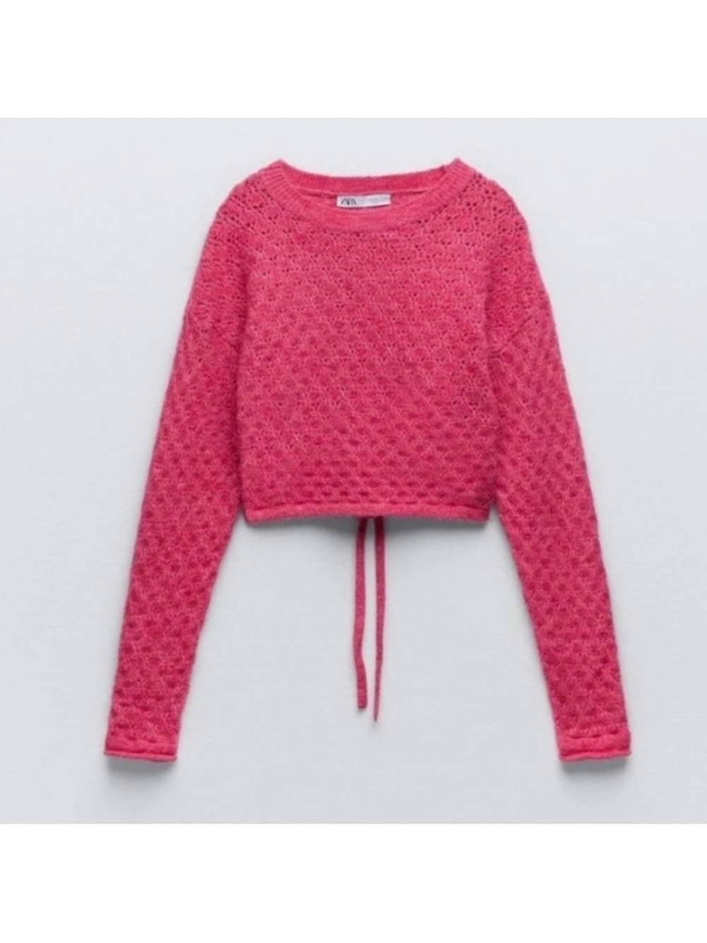 Zara Hot Pink Textured Cropped Crew Sweater open back size large wool blend